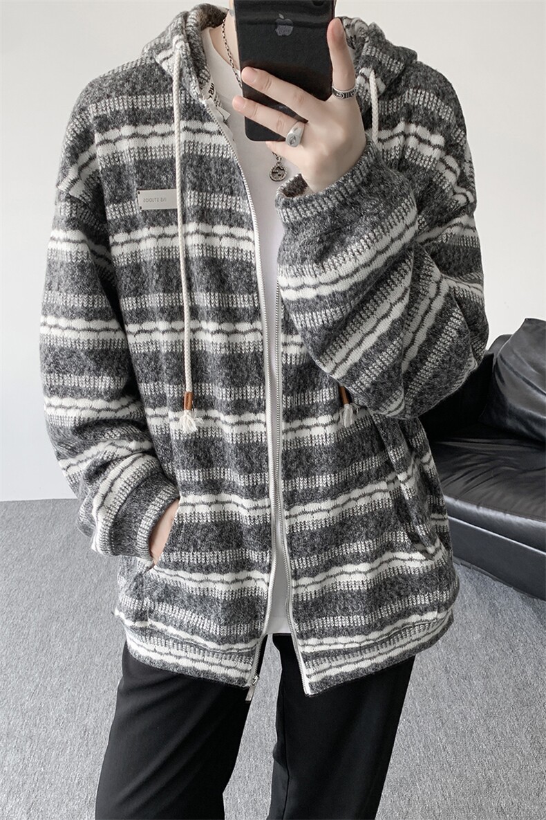 8XL-M潮情侣美式磨毛编织条纹针织衫卫衣宽松拉链外套WY30P88,男装针织衫/毛衣,电商D206-1