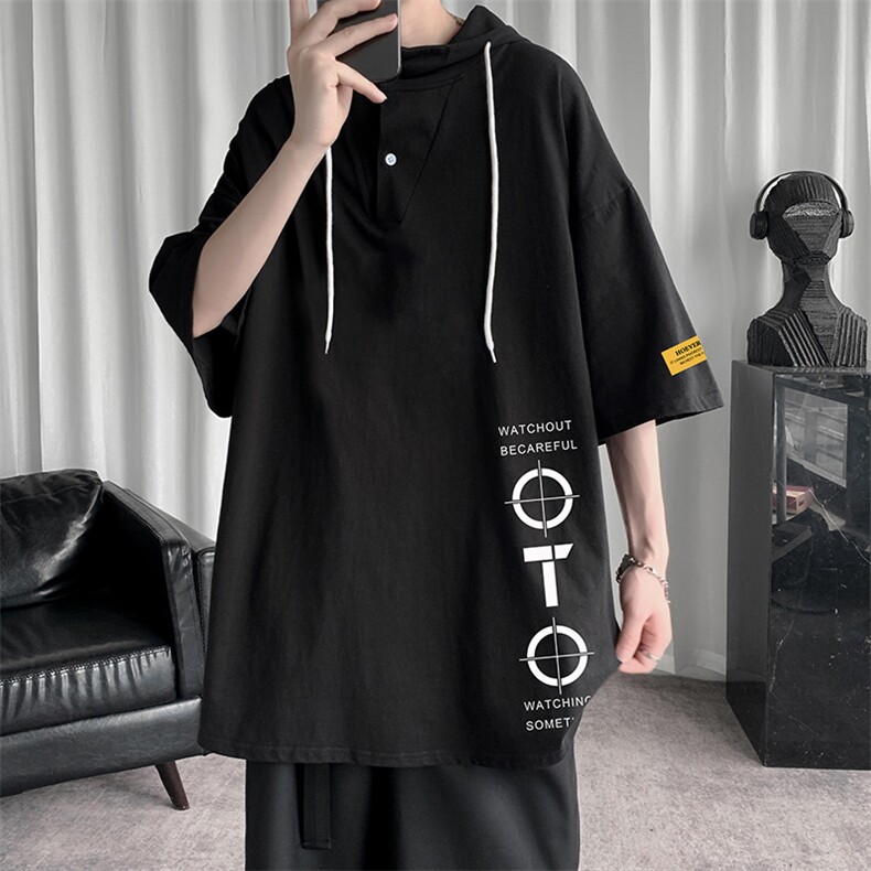 LD54114-P45连帽短袖t恤男大码胖子带帽五分袖中袖,男装T恤,电商A040