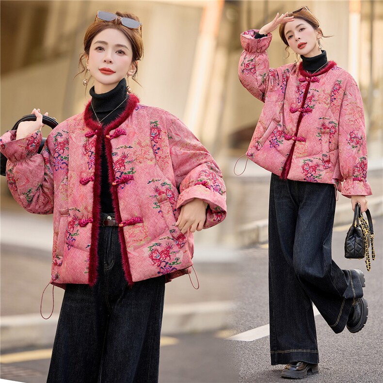 《欧货bao款现货》新中式100人丝高档提花面料90羽绒服真水貂毛，女装羽绒服，小九月