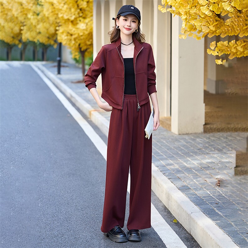 红休闲运动套装女2024秋新款气质修身开衫外套阔腿裤两件套,女装套装/套裙,依如秀(原杭风阁)