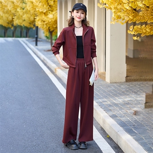 红休闲运动套装女2024秋新款气质修身开衫外套阔腿裤两件套图片