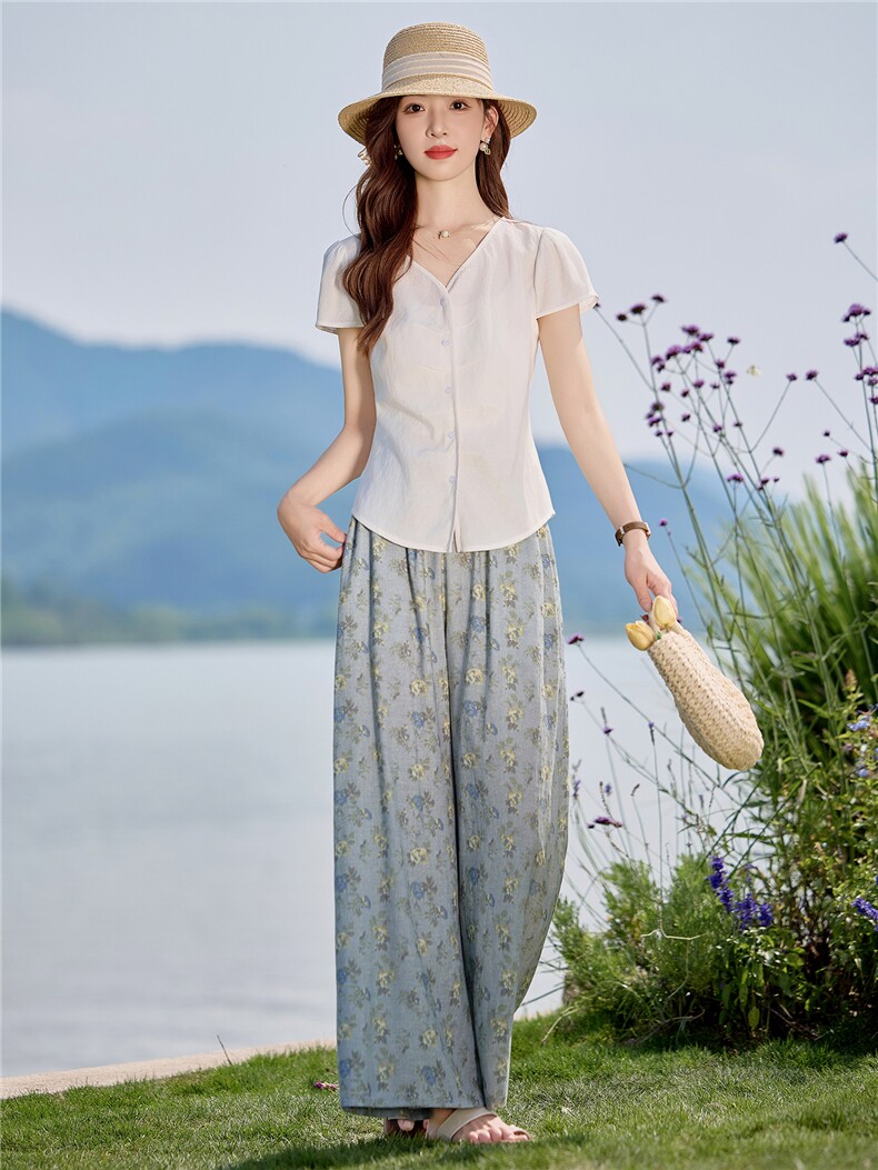 时尚天丝棉麻套装女2026夏新款通勤气质V领衬衫印花阔腿裤两件套,女装套装/套裙,微微衣阁