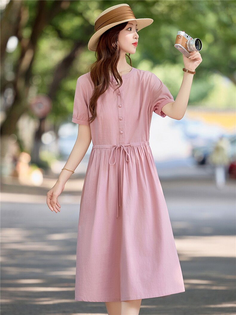 高档纯色气质棉麻连衣裙女2026夏季新款收腰显瘦舒适短袖薄款裙子,女装连衣裙,倪叶myz