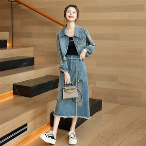 时尚春季牛仔套装裙女 高腰显瘦气质两件套 舒适百搭休闲风图片