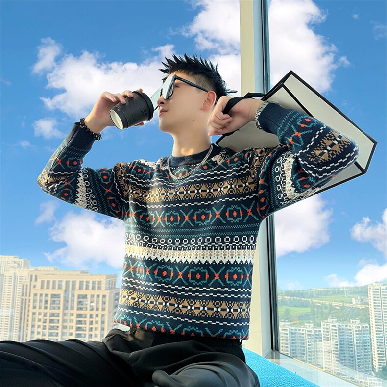AM309/P85控115冬季社会小伙民族风百搭保暖撞色打底毛衣男蓝咖首,男装T恤,星座305B-1