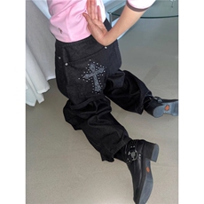 港风秋冬款男女牛仔裤十字架铆钉阔腿宽松长裤NK5136P52，男装牛仔裤，星座1013-1