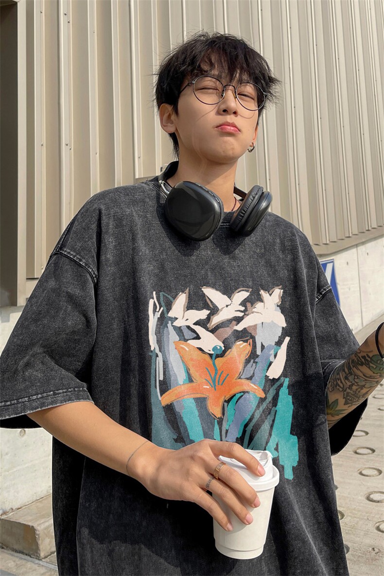 ！2025夏季新款男士纯棉宽松情侣水洗短袖印花半袖XT146P35,男装T恤,电商B220