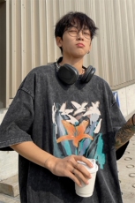 ！2025夏季新款男士纯棉宽松情侣水洗短袖印花半袖XT146P35，男装T恤，电商B220