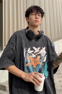 ！2025夏季新款男士纯棉宽松情侣水洗短袖印花半袖XT146P35图片
