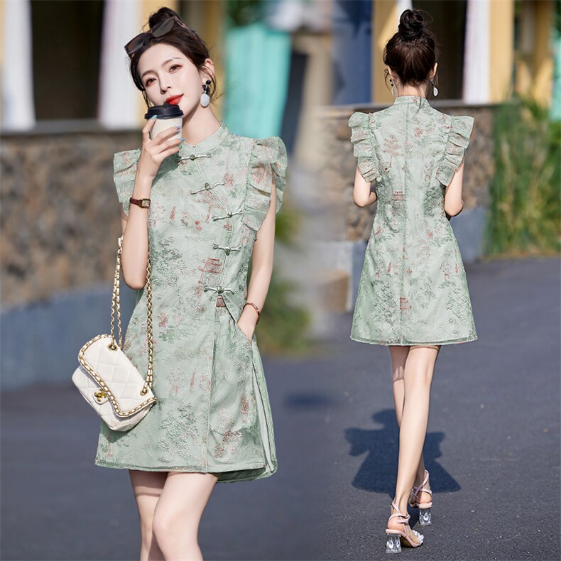 新中式国风套装女2025新款夏季小个子旗袍连衣短裤裙欧根纱两件套，女装套装/套裙，布芭啦
