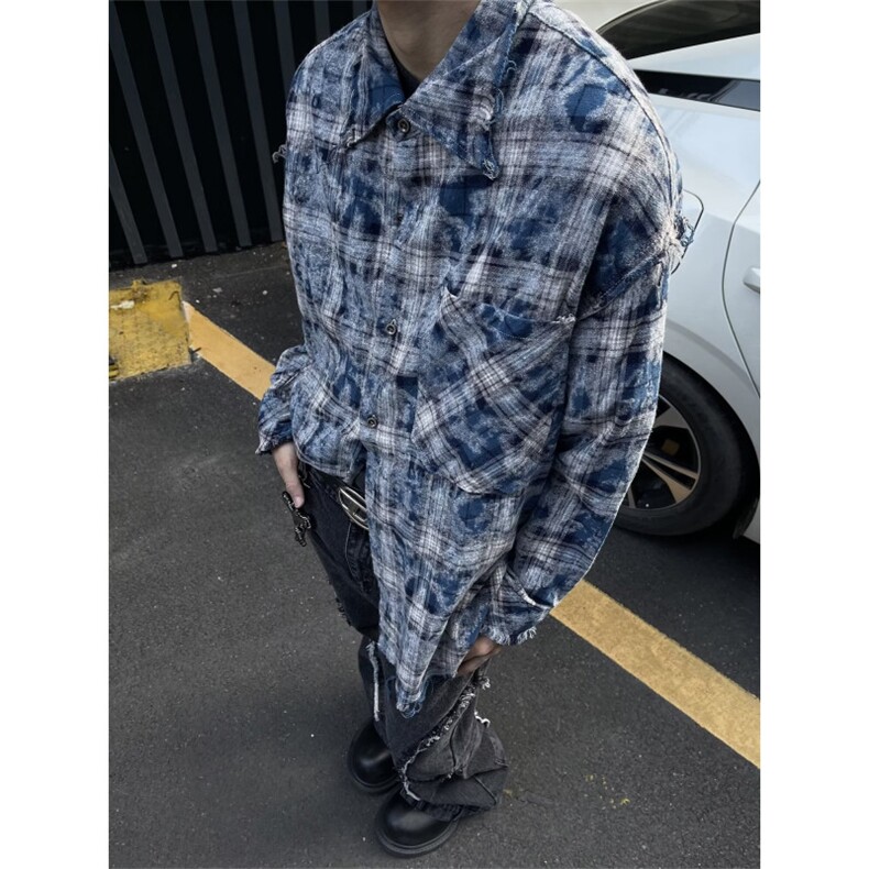 秋冬季文艺扎染痞帅格子长袖宽松型衬衫-CS051-网络图,男装衬衫,星座1002-2