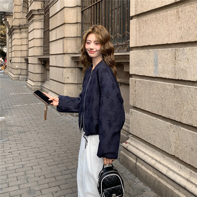 韩系菱格夹棉短外套女秋冬新款高级感休闲宽松加厚小个子棉衣夹克,女装短外套,2C326