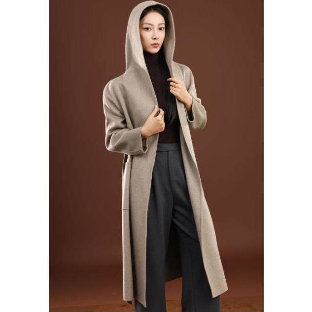 秋冬季纯山羊绒V领直插兜连帽保暖高级感长款羊绒大衣，女装羊绒大衣，卓冠羊绒