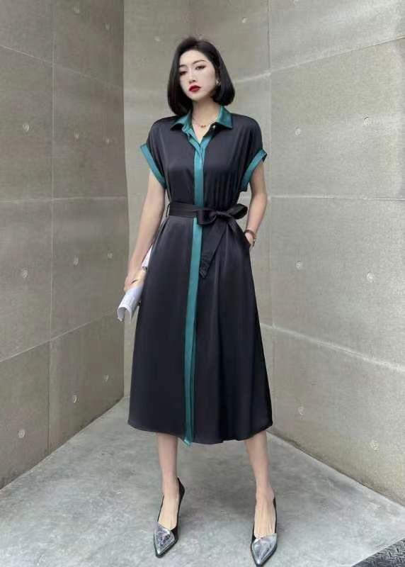现货仿醋酸撞色连衣裙,女装连衣裙,迪蔓君翔