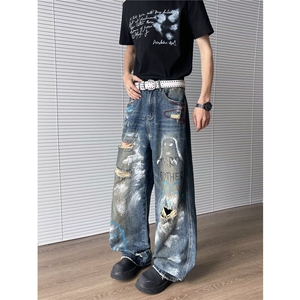 美式复古街头涂鸦水洗cleanfit牛仔裤男直筒宽松破洞阔腿长裤子潮图片