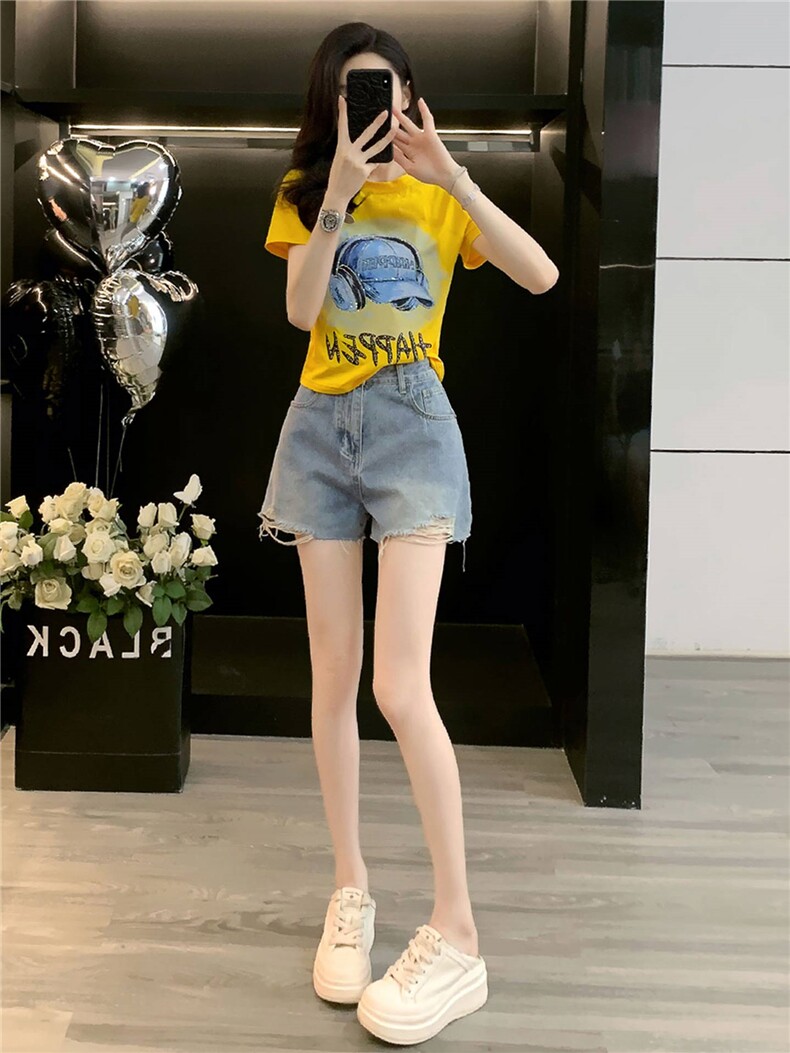 女夏季新款韩版运动休闲套装卡通印花圆领短袖宽松牛仔短裤两件套,女装套装/套裙,江南