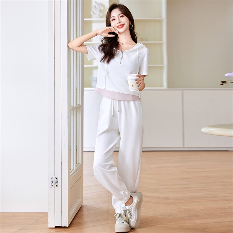 /休闲简约女2024年夏新款时尚短款连帽卫衣裤子,女装卫衣/绒衫,梦懿尔