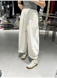 韩系直筒休闲阔腿裤女2025夏季薄款卷边速干裤高腰显瘦复古气球裤图片