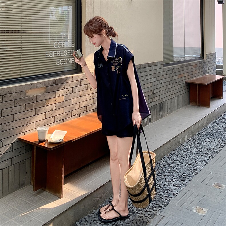 藏青色刺绣衬衫套装女2025夏季新款气质高级感休闲阔腿短裤两件套,女装套装/套裙,浙宝301