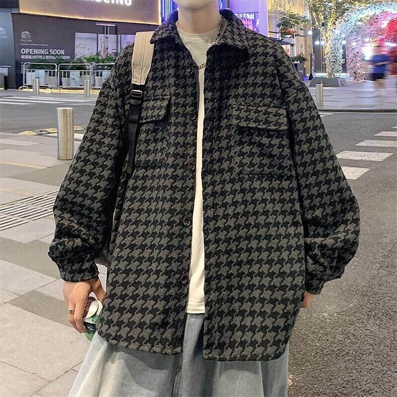 千鸟格毛呢外套男春秋季美式复古高街vibe宽松潮牌情侣小香风夹克图片