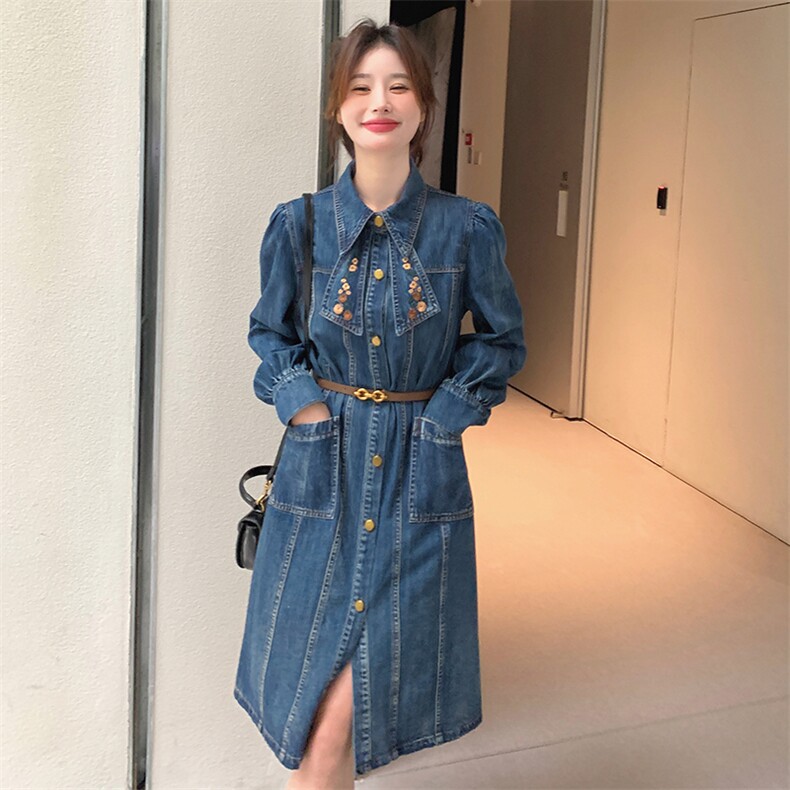 法式复古牛仔连衣裙女春秋2024新款收腰气质中长款衬衫裙,女装连衣裙,点滴
