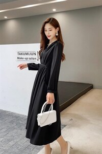 现货2021新款秋装净色连衣裙图片