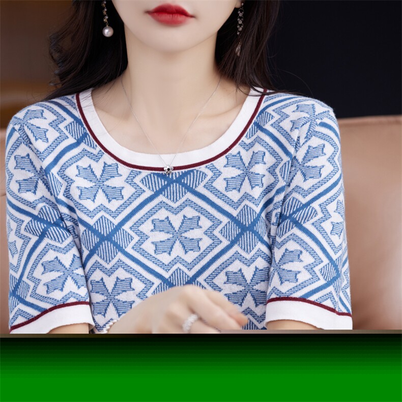 时尚百搭纯棉圆领菱形短袖针织衫甜美显瘦女士毛衣,针织衫/毛衣,桦兴羊绒