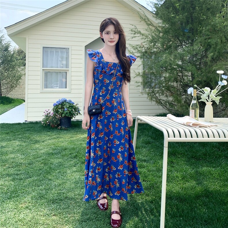 时髦前后两穿碎花小飞袖连衣裙女2025夏季休闲蓝色荷叶边拼接长裙,女装连衣裙,千寻