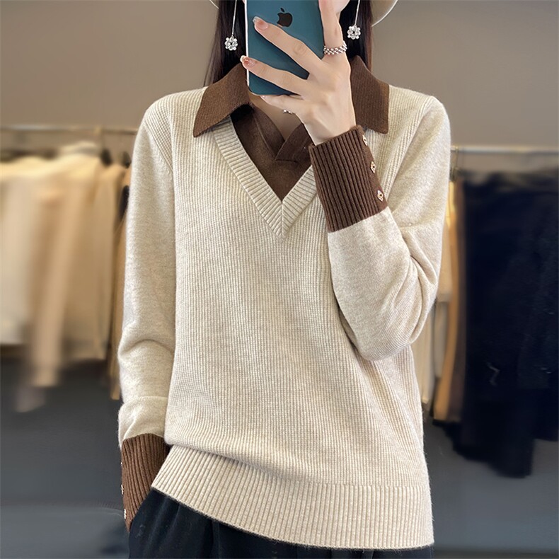 2024秋季新款洋气毛衣女打底衫假两件针织衫时尚百搭显瘦翻领上衣图片