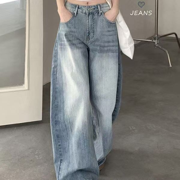 美式高街竹节纹水洗做旧弯刀牛仔裤女夏季辣妹宽松显瘦阔腿拖地裤,男装牛仔裤,星座1210-1