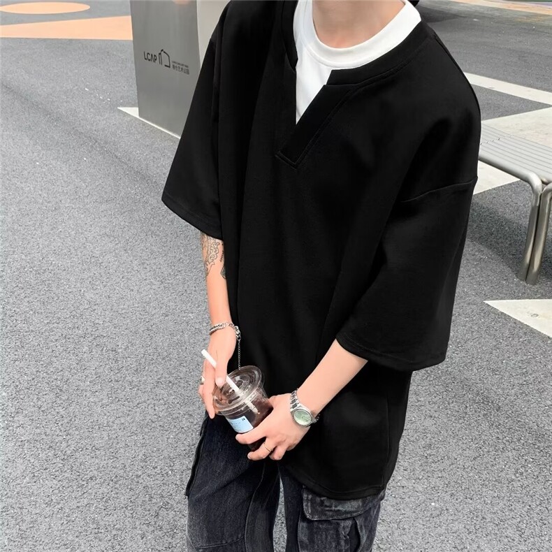 男装2024美式V领假两件设计感短袖夏季宽松休闲简约T恤T5503/P38,男装T恤,星座506
