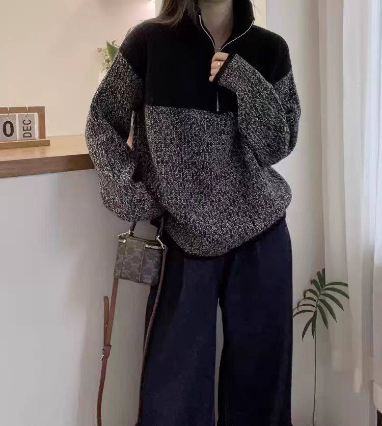 2025年秋季新款百搭拼色长袖套衫，女装针织衫/毛衣，恒恩羊绒