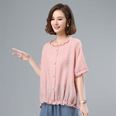 2021夏季时尚简约大方气质优雅圆领舒适五分袖衬衫T恤，女装衬衫，叶笙衣