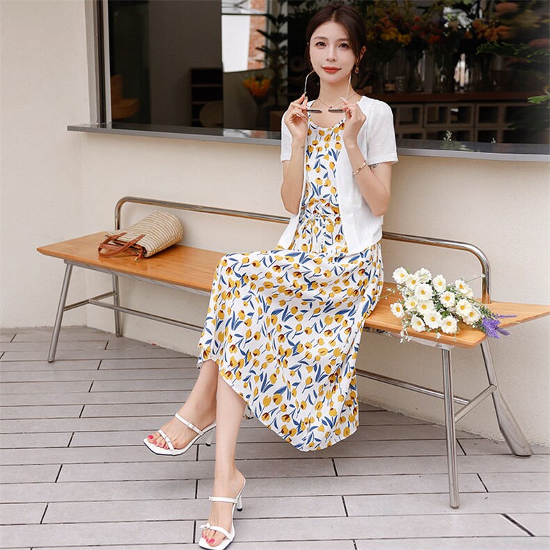 高端棉麻套装裙女夏季2025新款碎花显瘦洋气减龄吊带连衣裙两件套,女装套装/套裙,韩宇舍