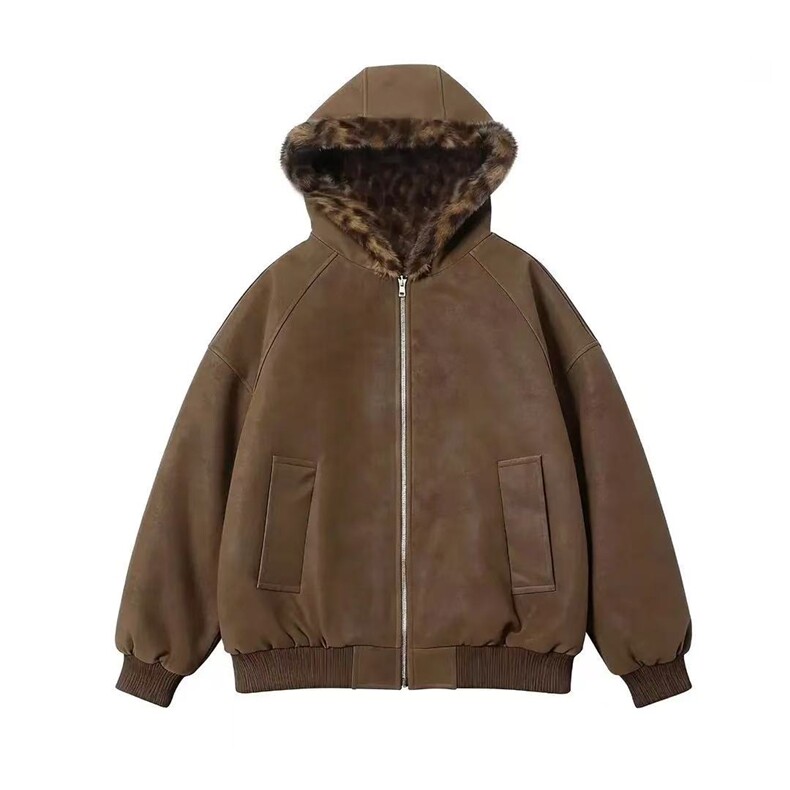网图豹纹双面穿棉服男女冬季美式座山雕外套荔枝纹皮夹克棉衣,男装夹克,电商C307