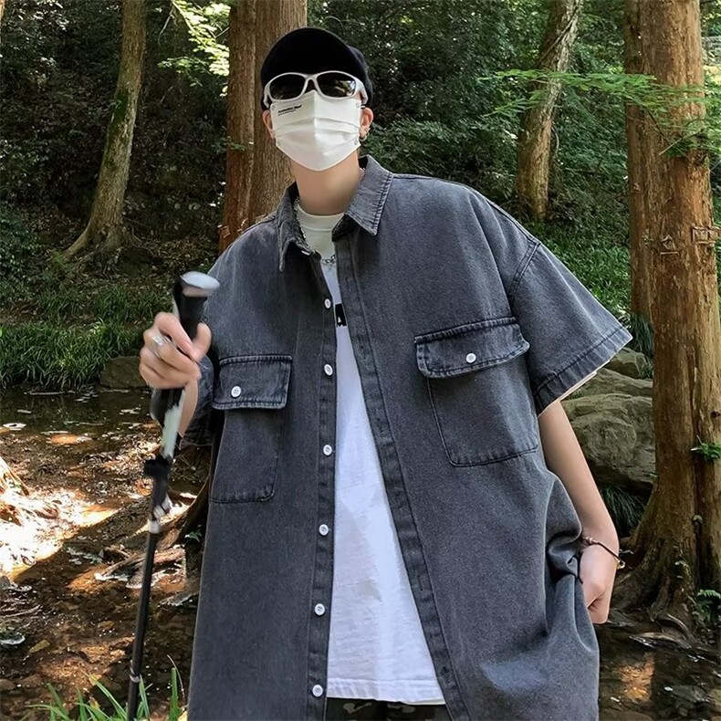 港风复古牛仔衬衫男款潮牌短袖衬衣宽松休闲工装薄外套CS03-P50,男装衬衫,星座308B-2