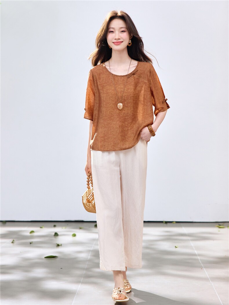 长期现货2026夏季新款提花上衣女中年妈妈冰天丝阔腿裤休闲两件套,女装套装/套裙,璐依舞