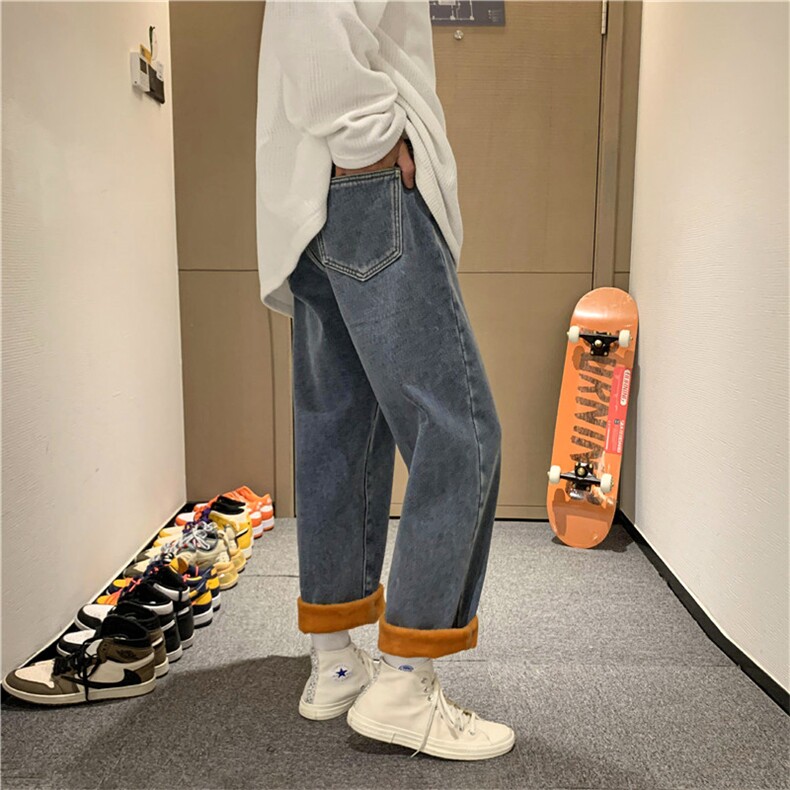 加绒加厚牛仔裤男冬季水洗青春流行直脚中腰宽松休闲裤图片