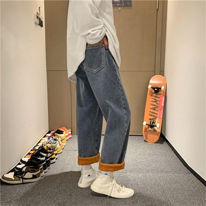 加绒加厚牛仔裤男冬季水洗青春流行直脚中腰宽松休闲裤图片
