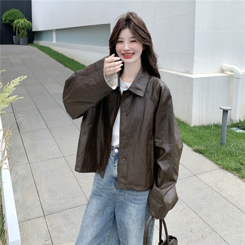 美拉德咖色设计感条纹皮衣外套女2025秋季新款慵懒风百搭减龄外套,女装短外套,2C198