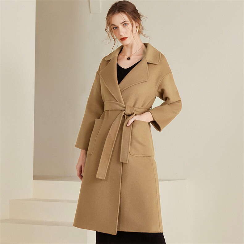 秋冬绵羊毛双面呢大衣女新款韩版时尚长款羊毛呢子外套，女装双面呢大衣，温鑫双面呢