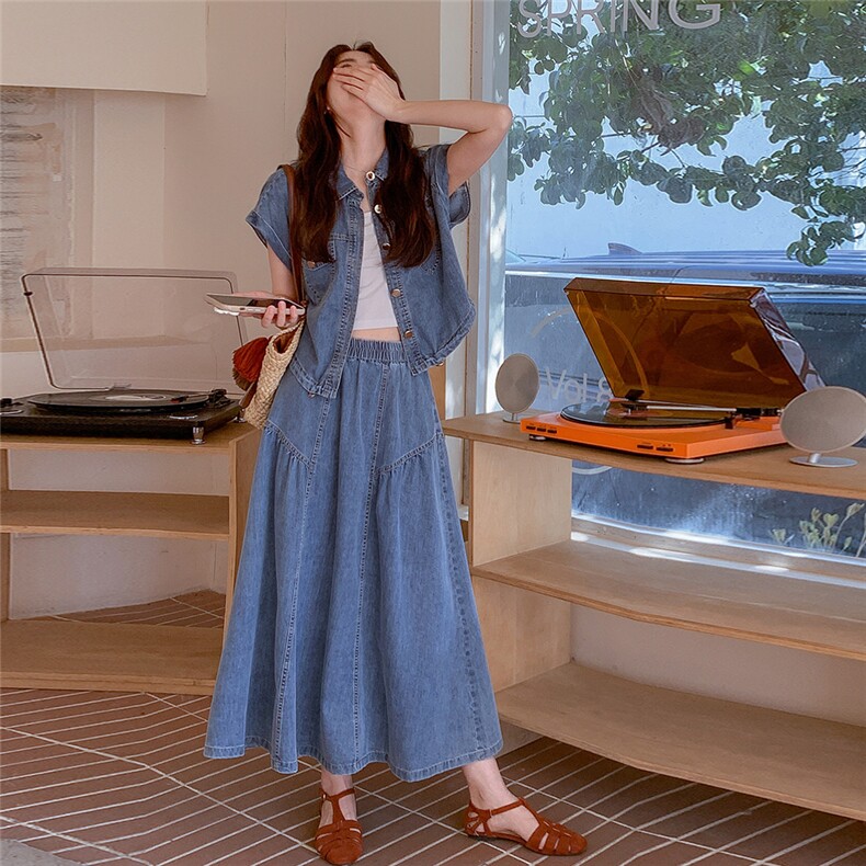 设计感小众牛仔衬衫时尚套装女2025夏季新款高腰显瘦半身裙两件套,女装套装/套裙,2C225