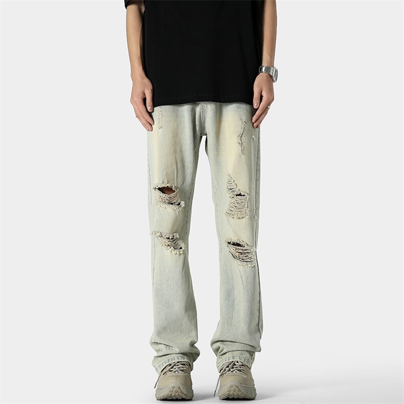 现货高品质夏季破洞宽松直筒牛仔裤715-6-BK821特P50(控78），男装牛仔裤，星座715-6