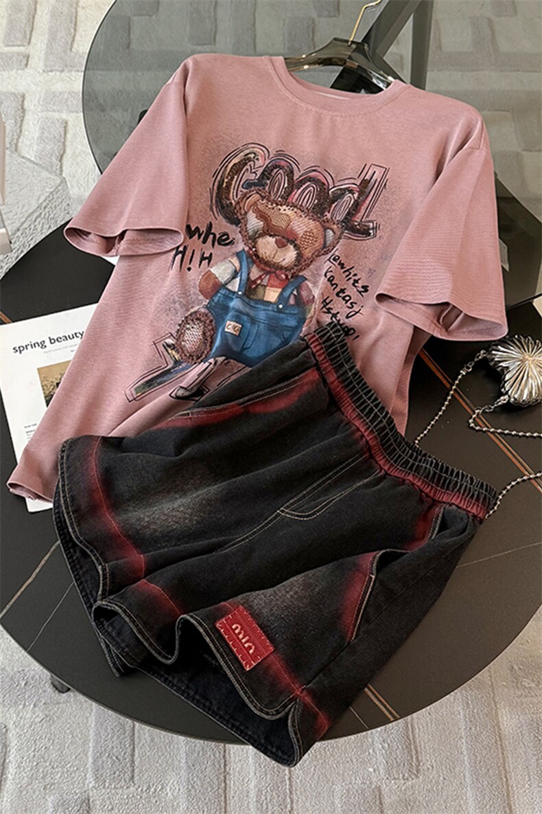 休闲运动时尚套装女夏季新款宽松百搭圆领短袖小熊T恤短裤两件套,女装套装/套裙,江南