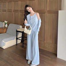 蓝色休闲运动时尚套装女2025春季新款韩系慵懒风小个子减龄三件套，女装套装/套裙，2C129