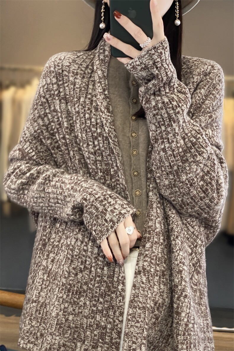 秋冬V领中长款100%纯羊毛开衫女复古披肩宽松慵懒羊绒衫外套毛衣,饰品披肩,端硕羊绒