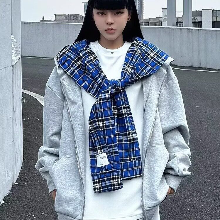 美式假两件连帽格子卫衣开衫男宽松春秋外套男卫衣网图WY290-P58图片