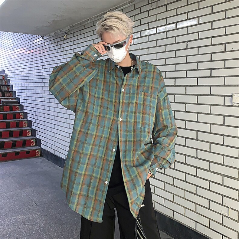美式休闲潮牌格子衬衫外套男帅气宽松长袖衬衣潮流上衣S992-P42,男装衬衫,星座1008