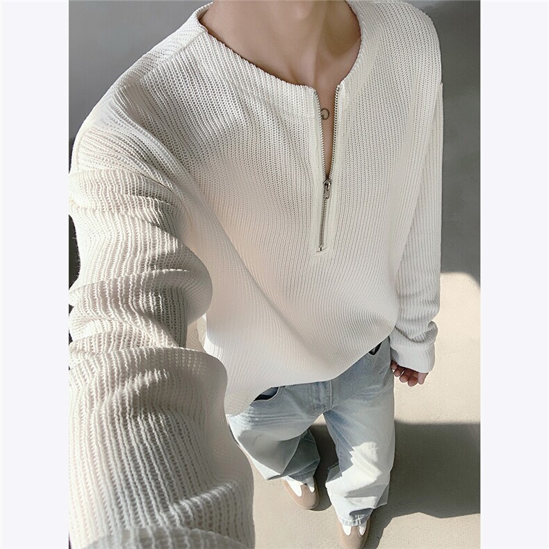半拉链亨利领针织长袖T恤男春秋季美式潮牌老钱风宽松内搭打底衫，男装卫衣，电商C306-1