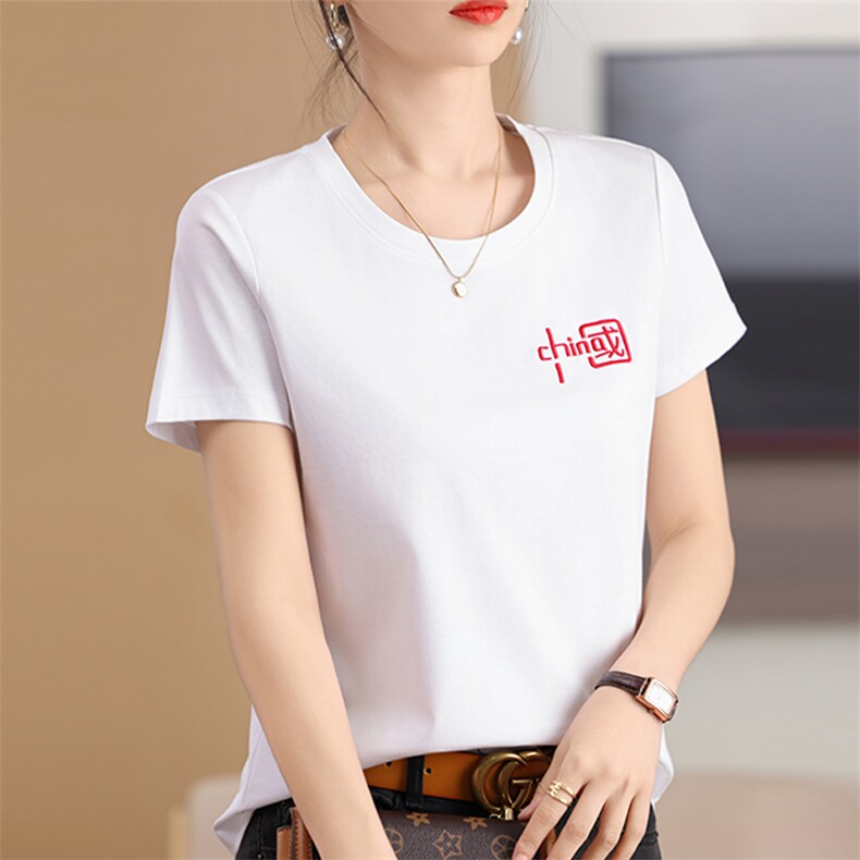 2025新款纯棉宽松双面丝光棉刺绣T恤女短袖纯色百搭，女装T恤，元素羊绒